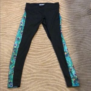 Workout Leggins blk green peacock feathers panels